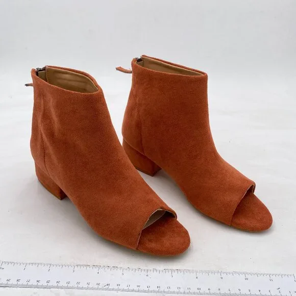 Brown Suede Women Comfort Block Low Heels Peep Toe Back Zipper Ankle Bootie - Picture 3 of 6